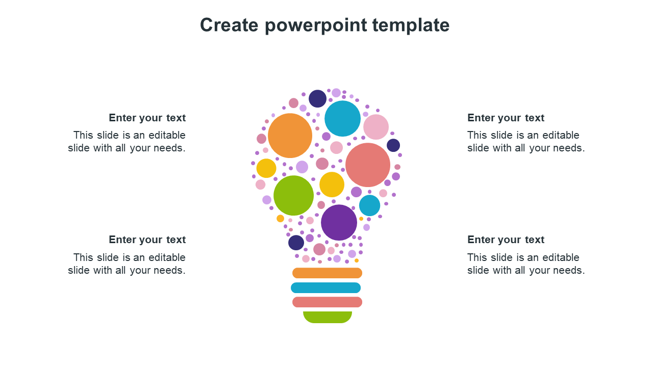 Abstract infographic slide design featuring a multicolored circular pattern forming a lightbulb shape with placeholder text.