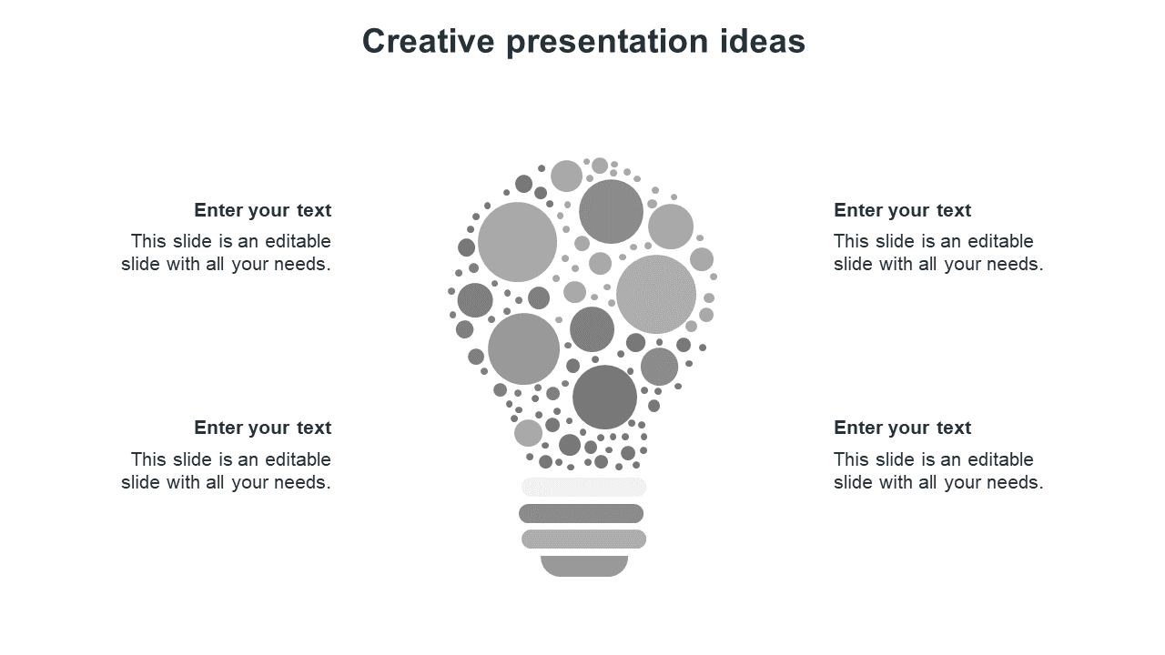 Creative PPT presentation template featuring a grey light bulb and four text placeholders around it on a white backdrop.