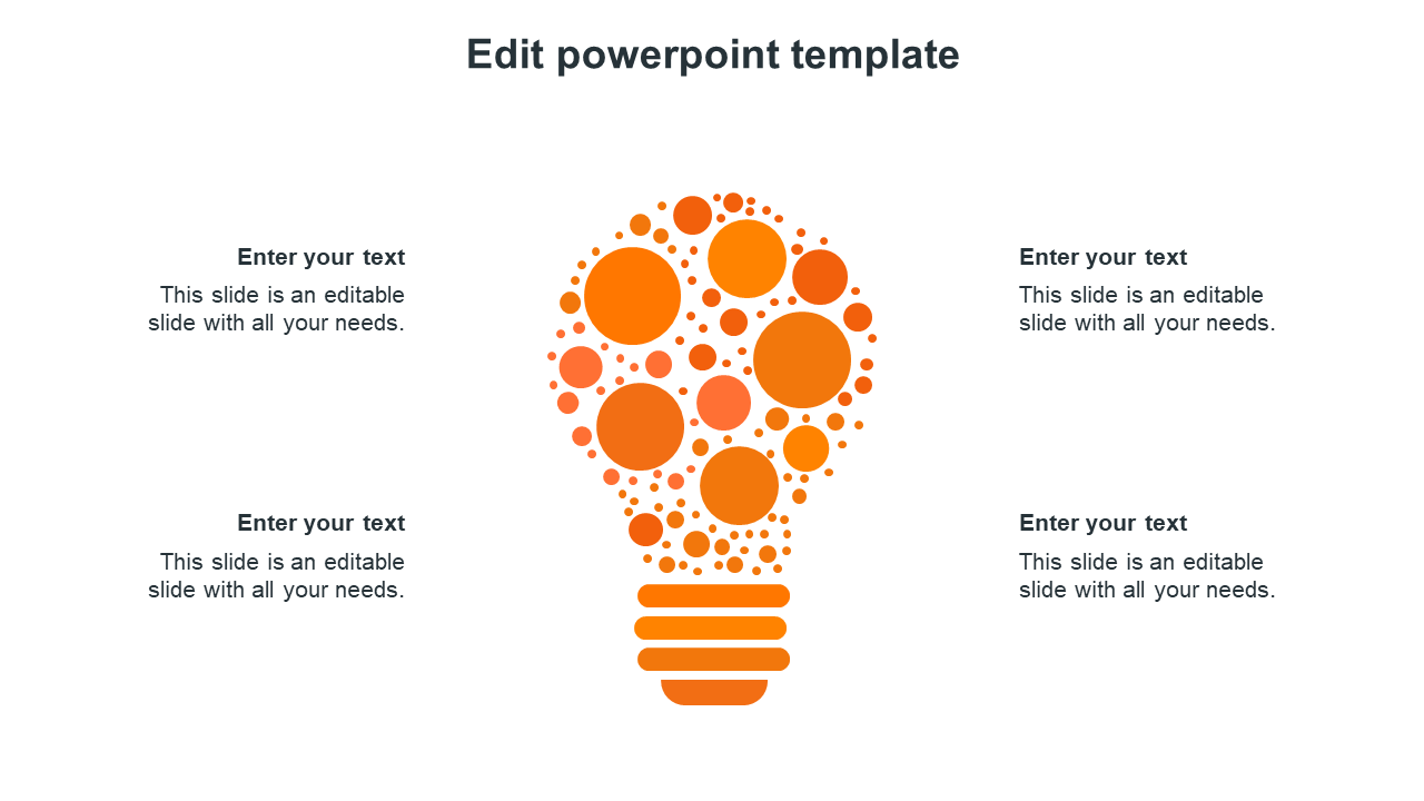 Creative PPT presentation template featuring an orange light bulb and four text placeholders around it on a white backdrop.