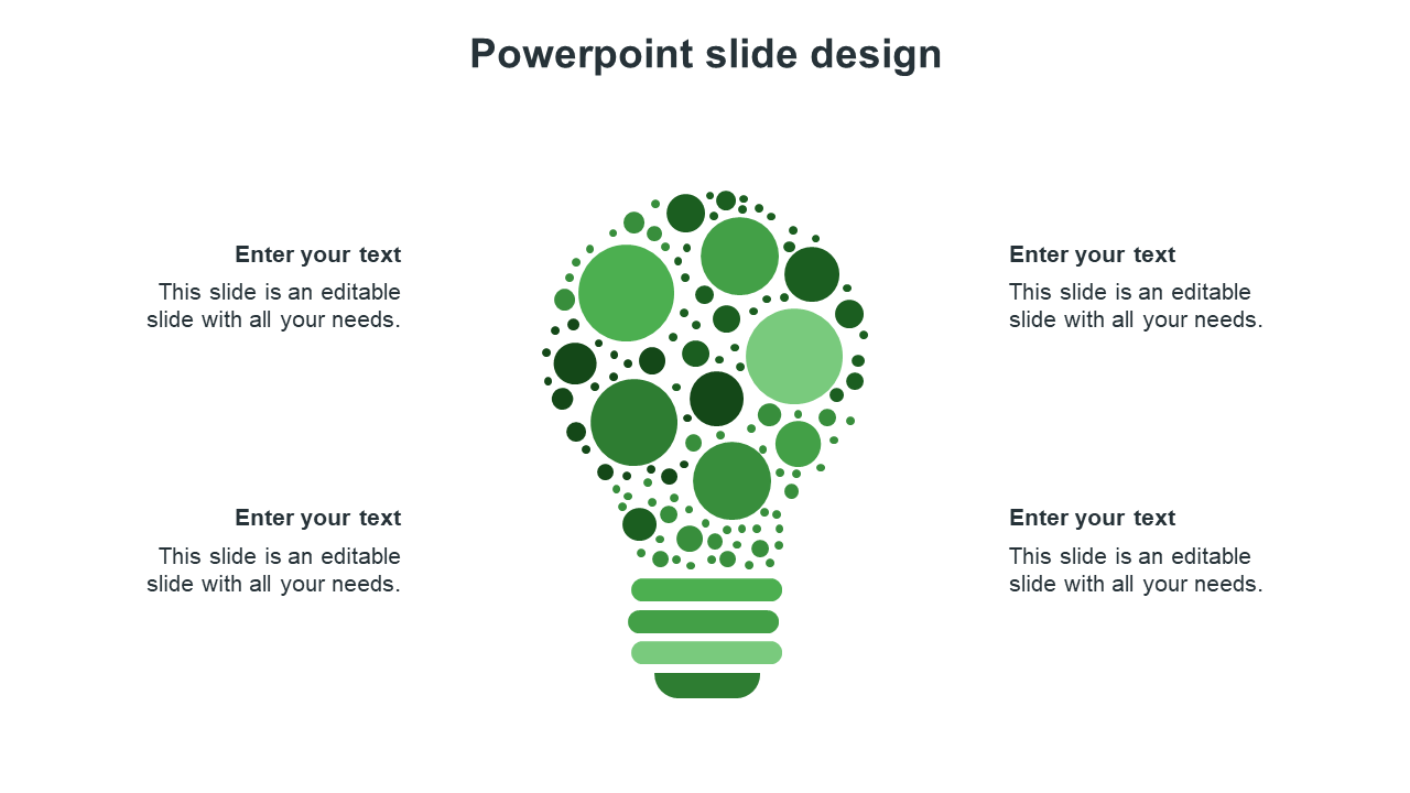 Green themed slide with a bulb shaped design made of varying circles and four text areas surrounding it.