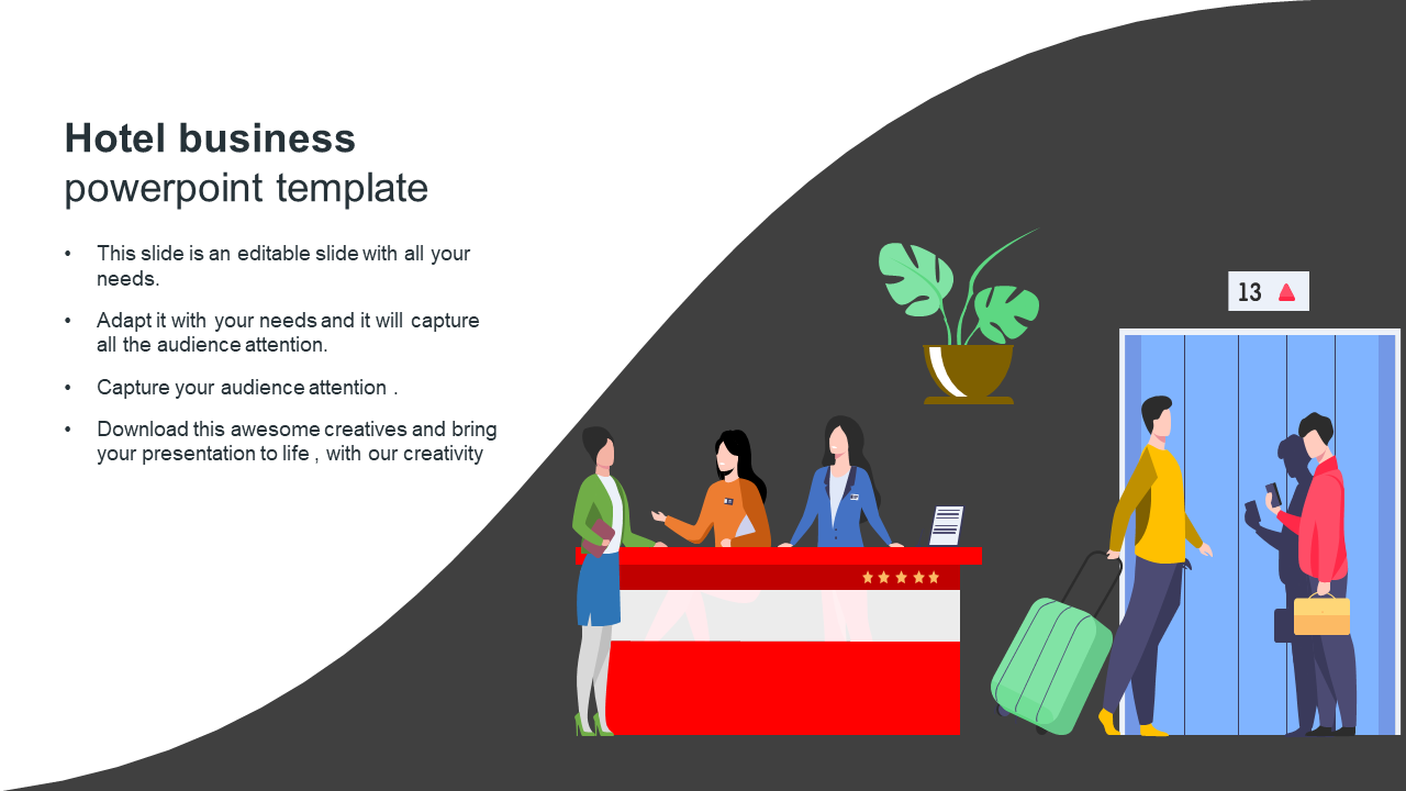 Hotel business template slide with a reception desk and staff on the right, and a text area for captions on the left.