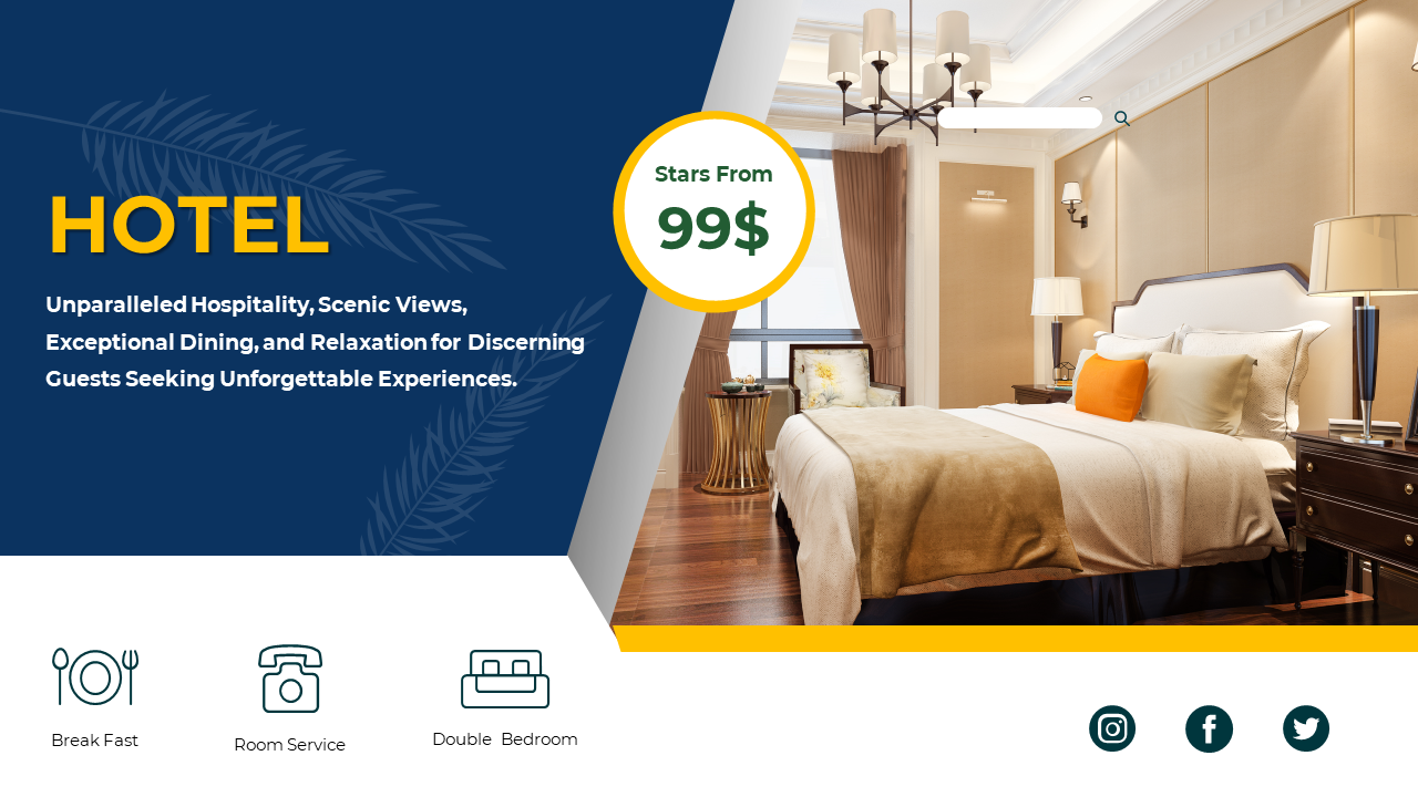 Hotel slide showcasing a cozy bedroom, amenities, and starting price for an exceptional guest experience.