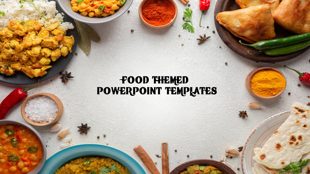 Food themed slide featuring an overhead view of various dishes, spices, and ingredients arranged around the title text.