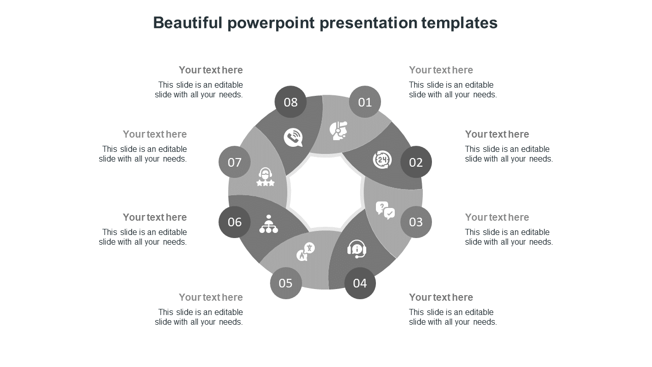 Beautiful grey circular infographic PowerPoint template with eight numbered sections and placeholder text.