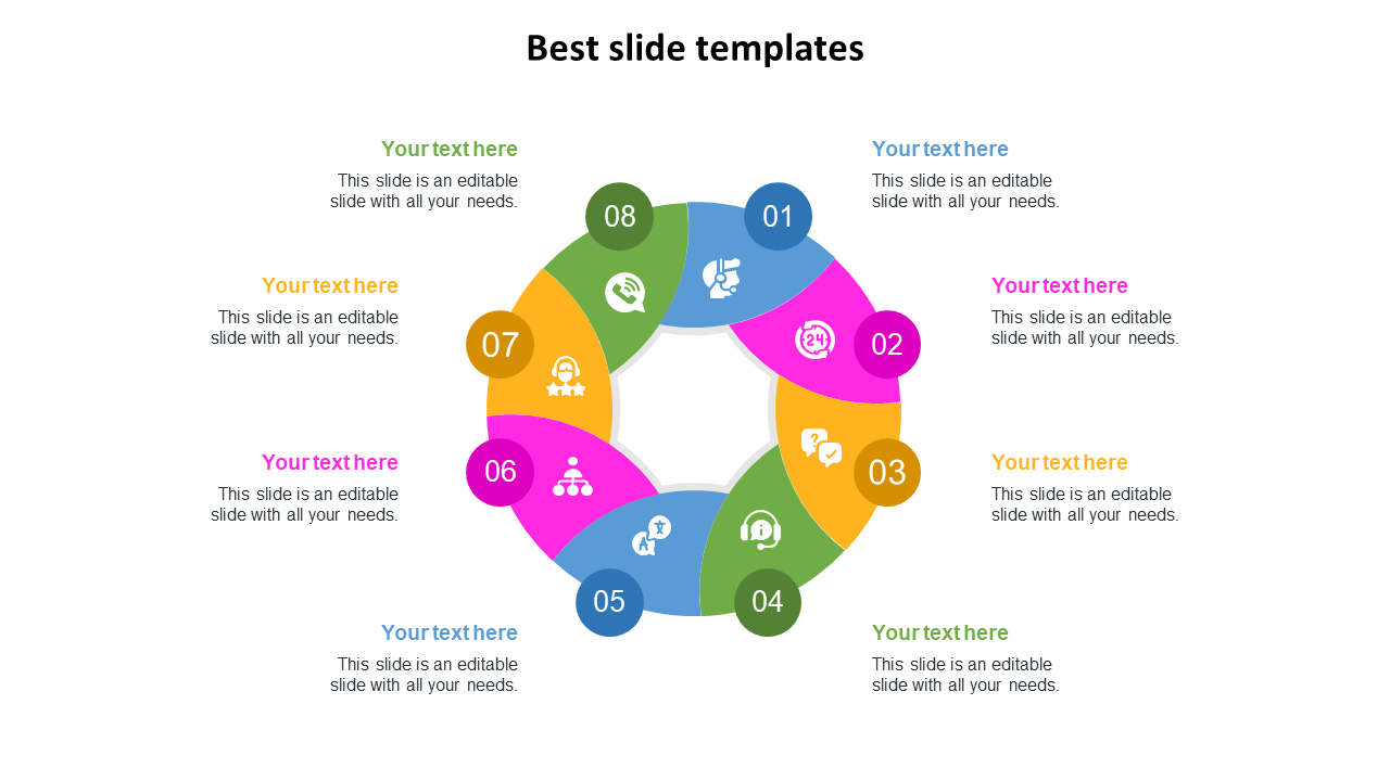 Colorful circular diagram with eight segments and icons, each paired with numbers and text sections around it.