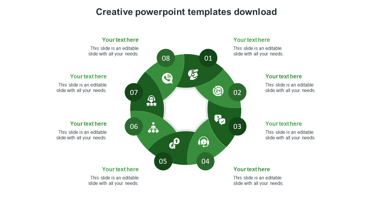 A vibrant green creative slide showcasing a circular layout with eight sections and icons with placeholder text.