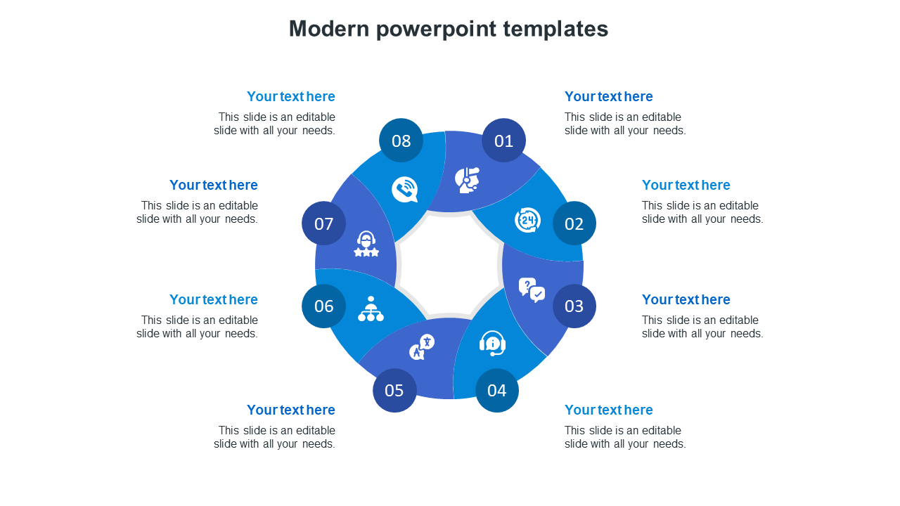 Modern blue circular infographic PowerPoint template with eight numbered sections and placeholder text on a white backdrop.