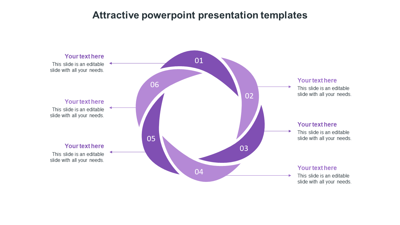 Circular diagram in shades of purple with six segments, each numbered and pointing to text boxes.