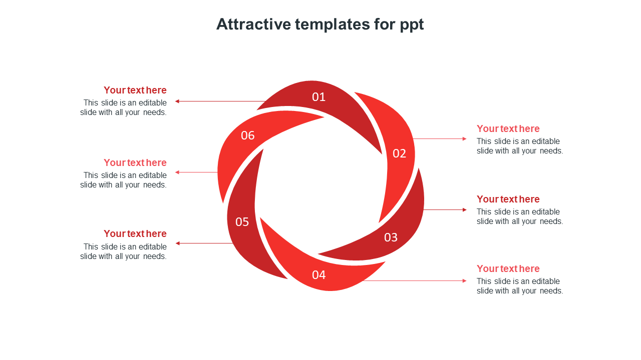 Red circular loop with six numbered sections and arrows pointing to text boxes on each side for descriptions.