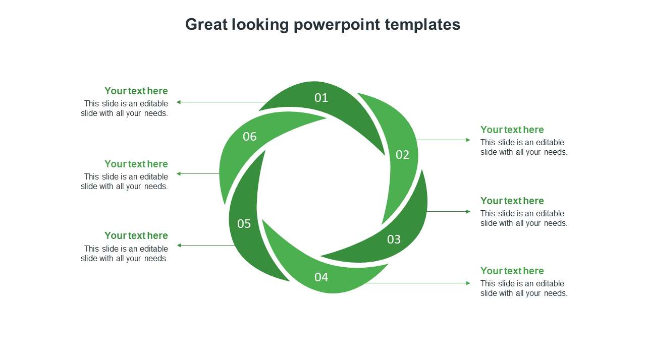 Modern PPT slide featuring a six step circular infographic and green elements with placeholder text on a white backdrop.