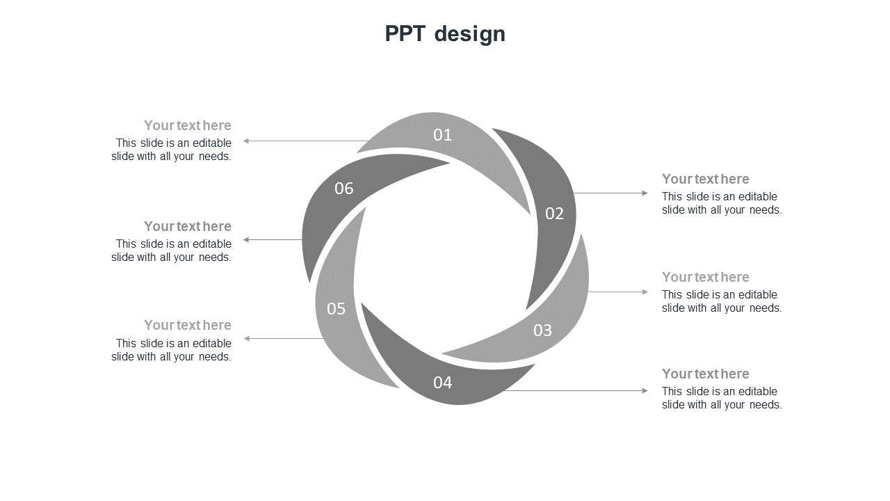 Gray circular diagram with six segments, each linked to a text box, arranged in a clockwise direction.