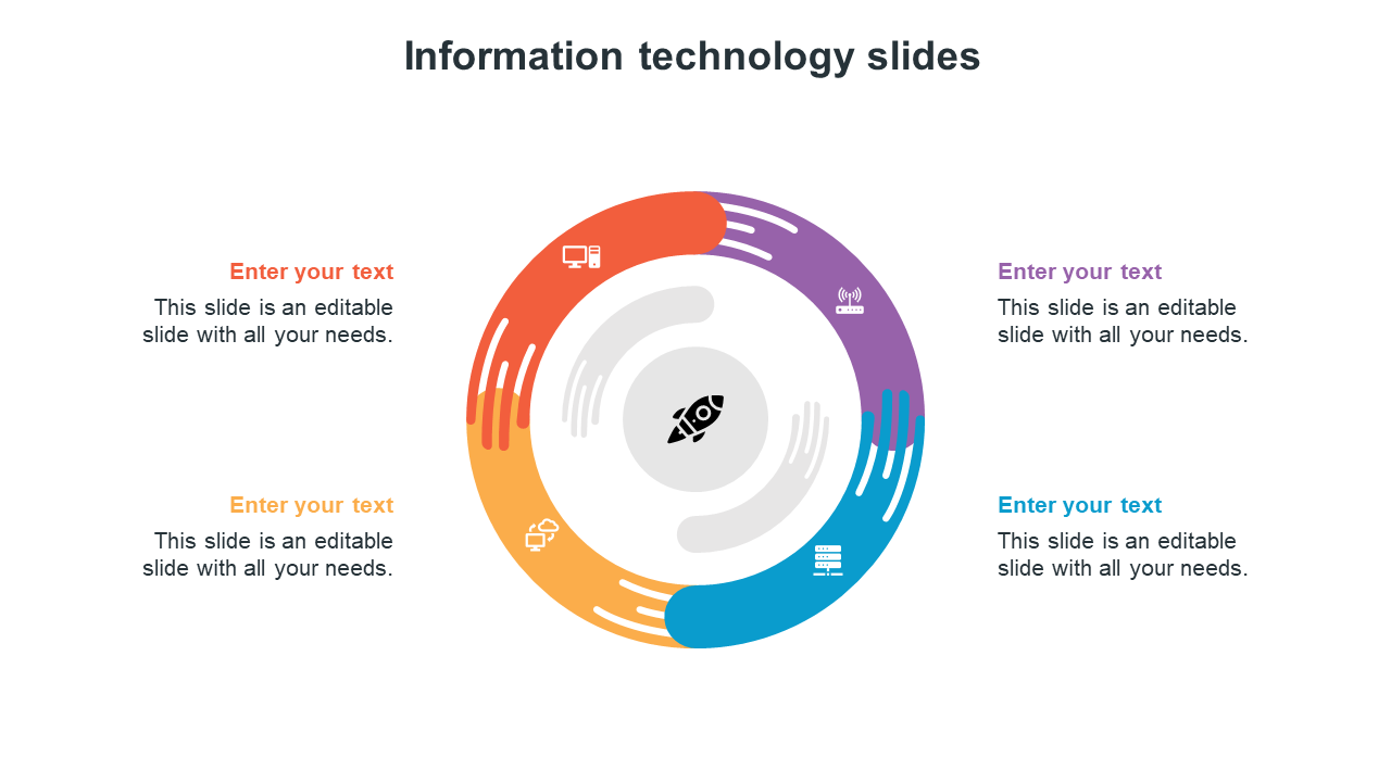 Circular infographic with four colorful sections in orange, purple, blue, and yellow, featuring technology related icons.