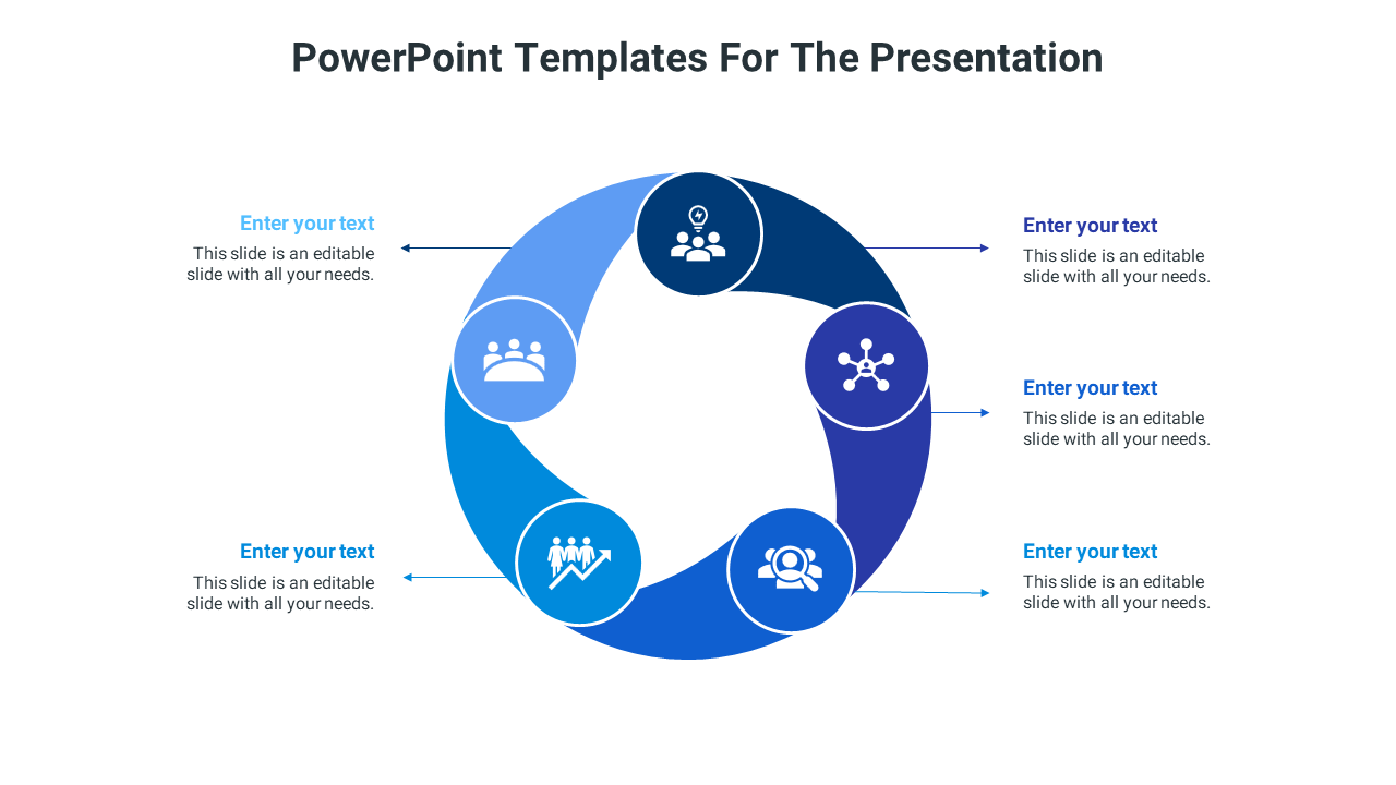 Modern PowerPoint template with a circular blue infographic and icons with placeholder text on a white backdrop.