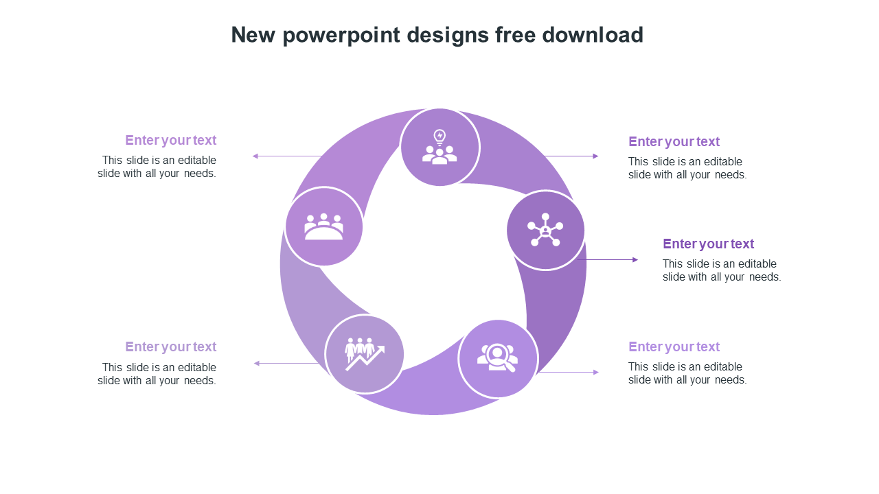 New PowerPoint template with a circular design, featuring icons with five sections and placeholder text.