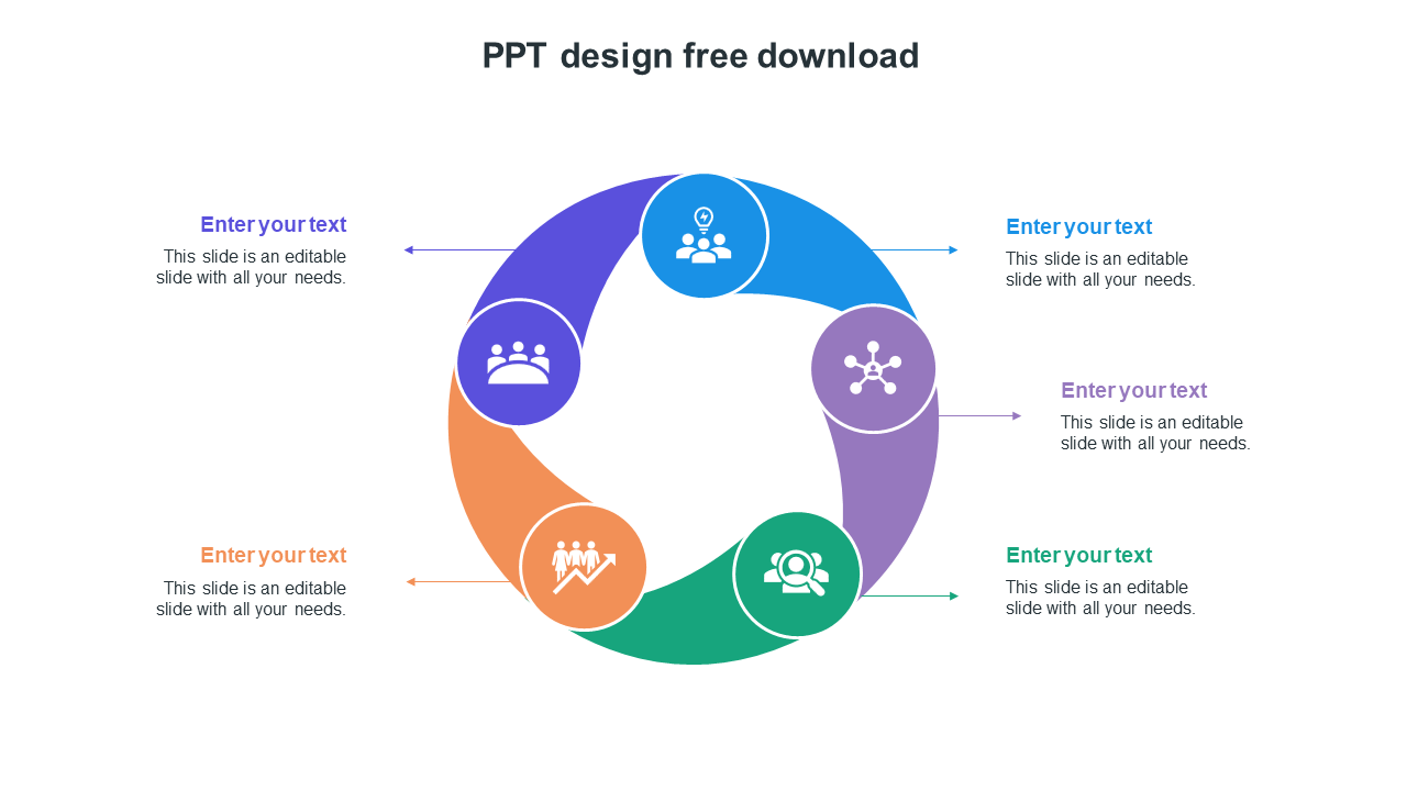 Colorful circular PowerPoint template with five interconnected segments, each containing an icon and text placeholders.