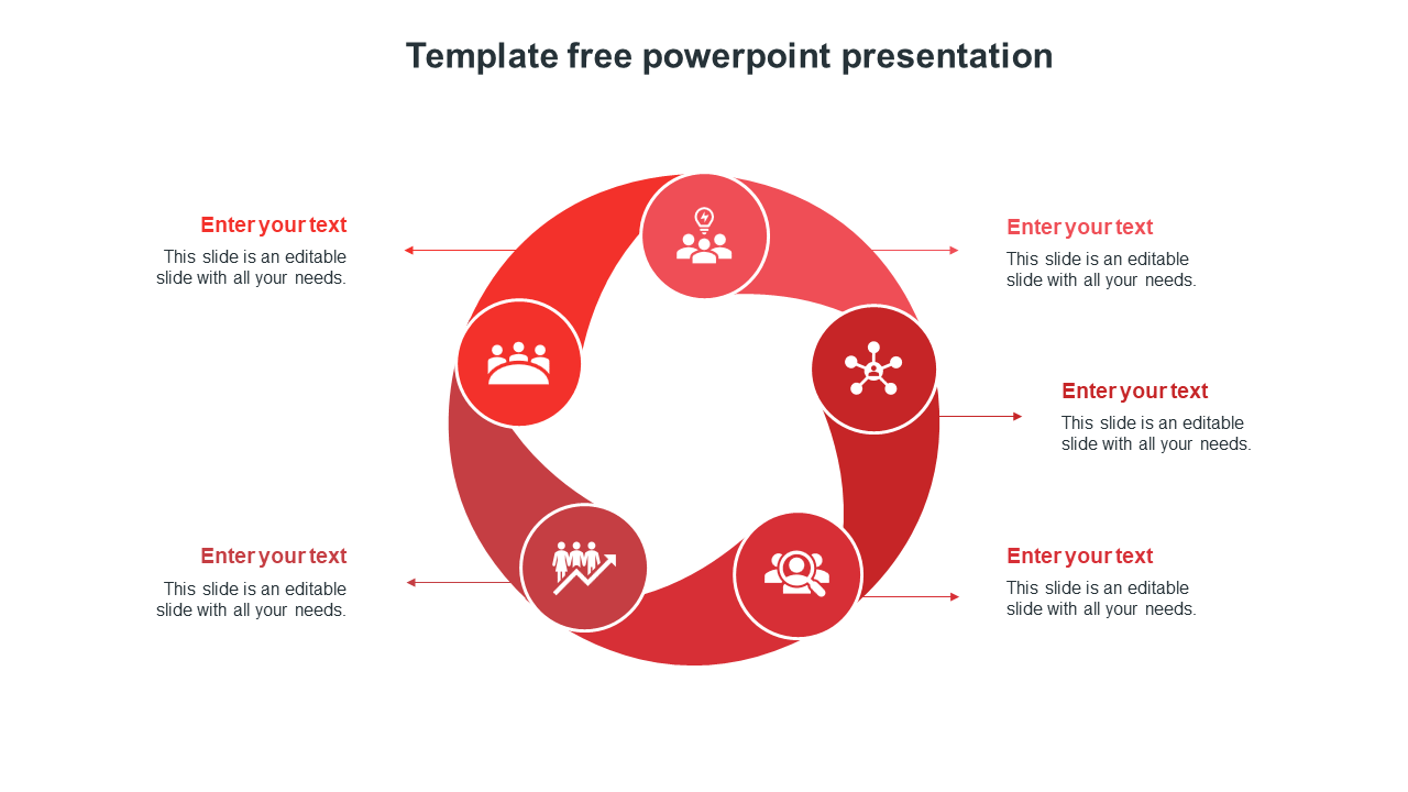 Modern PowerPoint template with a circular red infographic and icons with placeholder text on a white backdrop.