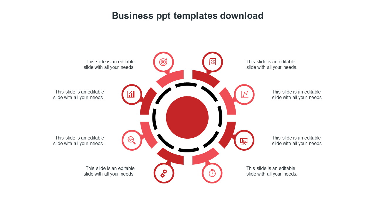 Eight red segments with icons arranged in a circular pattern, surrounded by text placeholders.