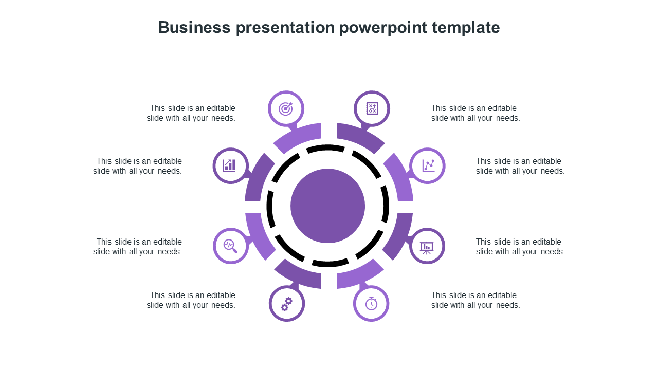 Modern business PPT template with a purple circular infographic and eight icons with placeholder text on a white backdrop.