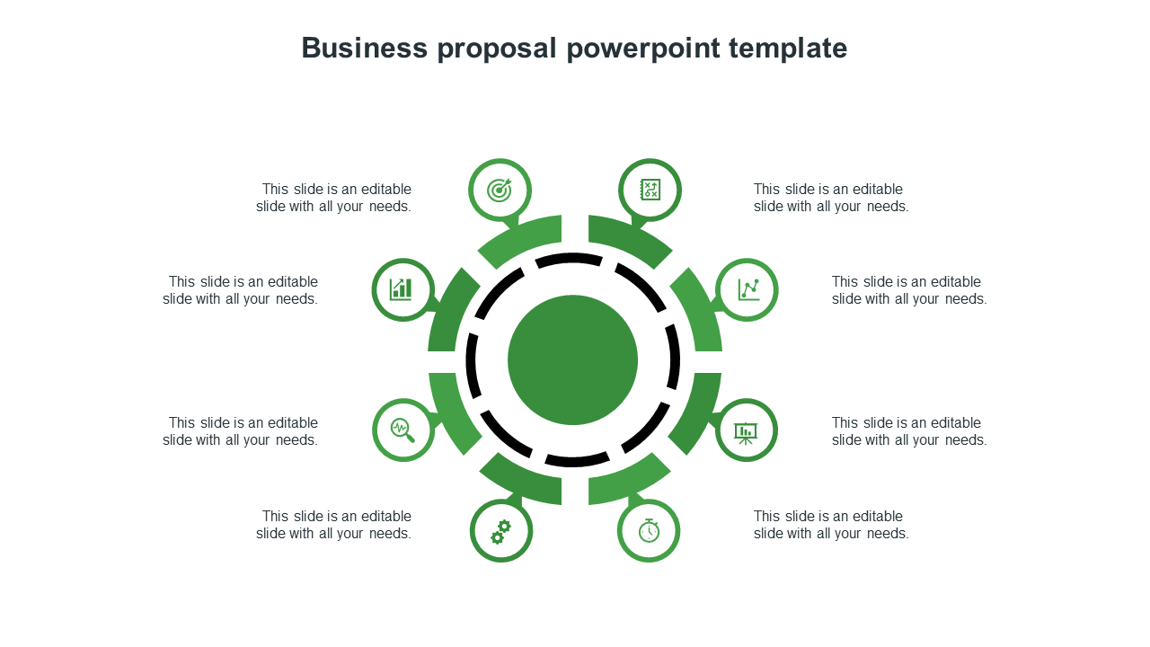 A business proposal slide featuring a central green circle surrounded by icons representing various business aspects.