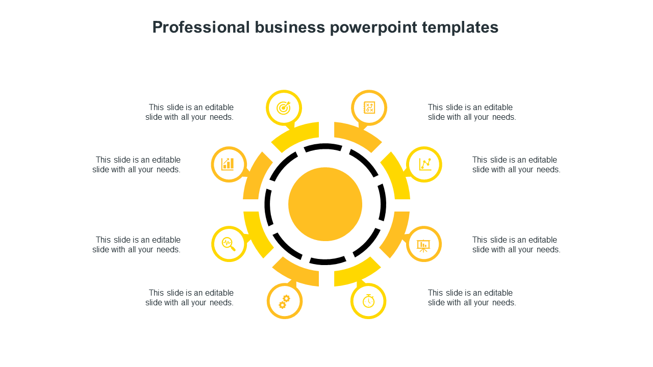 Modern business PPT template with a yellow circular infographic and eight icons with placeholder text on a white backdrop.