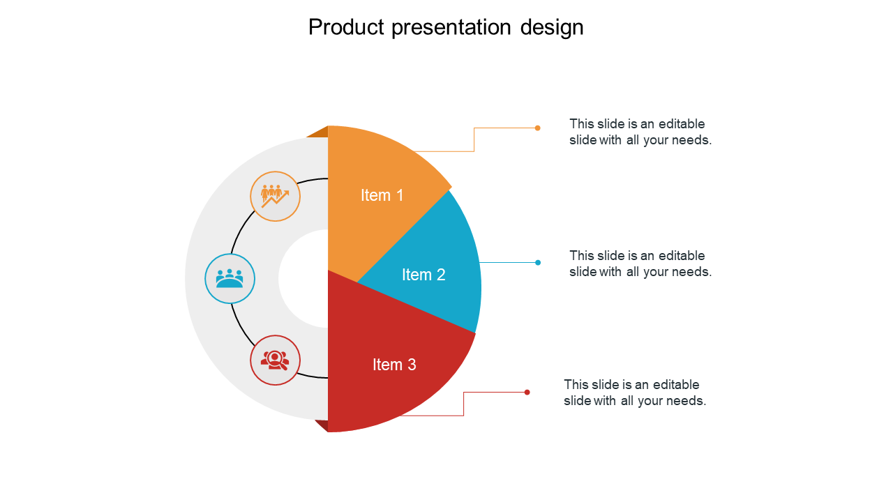 Circular diagram divided into three colored sections in orange, blue, and red, each labeled with an item and icon.