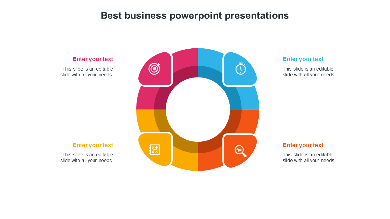 Colorful circular best business PPT template with four labeled sections, each containing an icon and text placeholders.