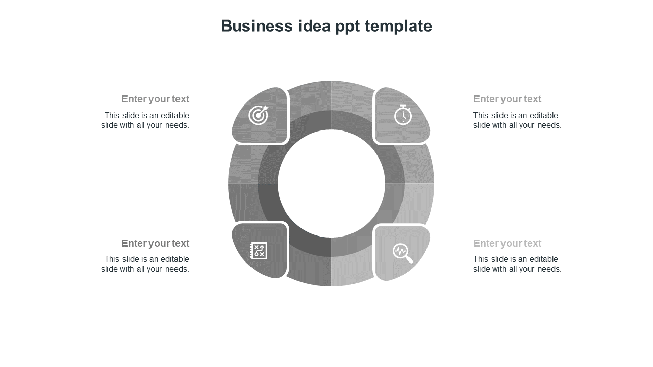 Gray circular diagram with segmented rings, surrounded by four icons and text areas, arranged symmetrically.