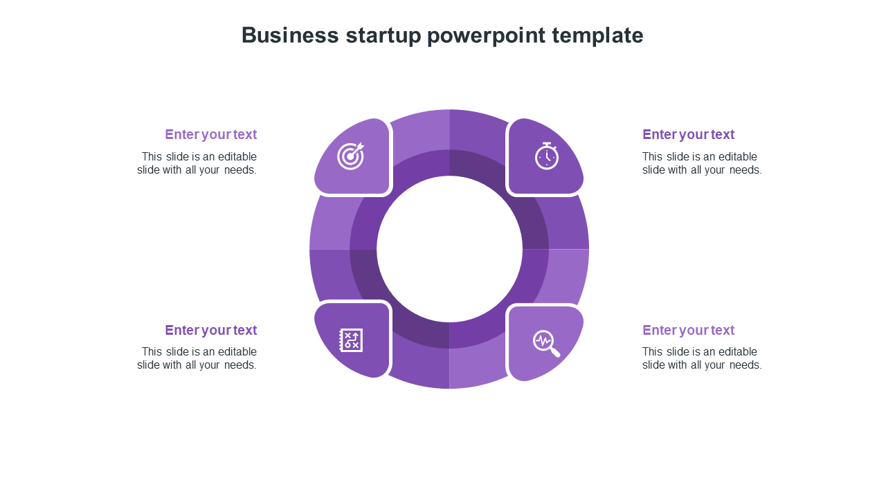 Business startup process infographic with a segmented purple circle and icons for key steps and placeholder text areas.