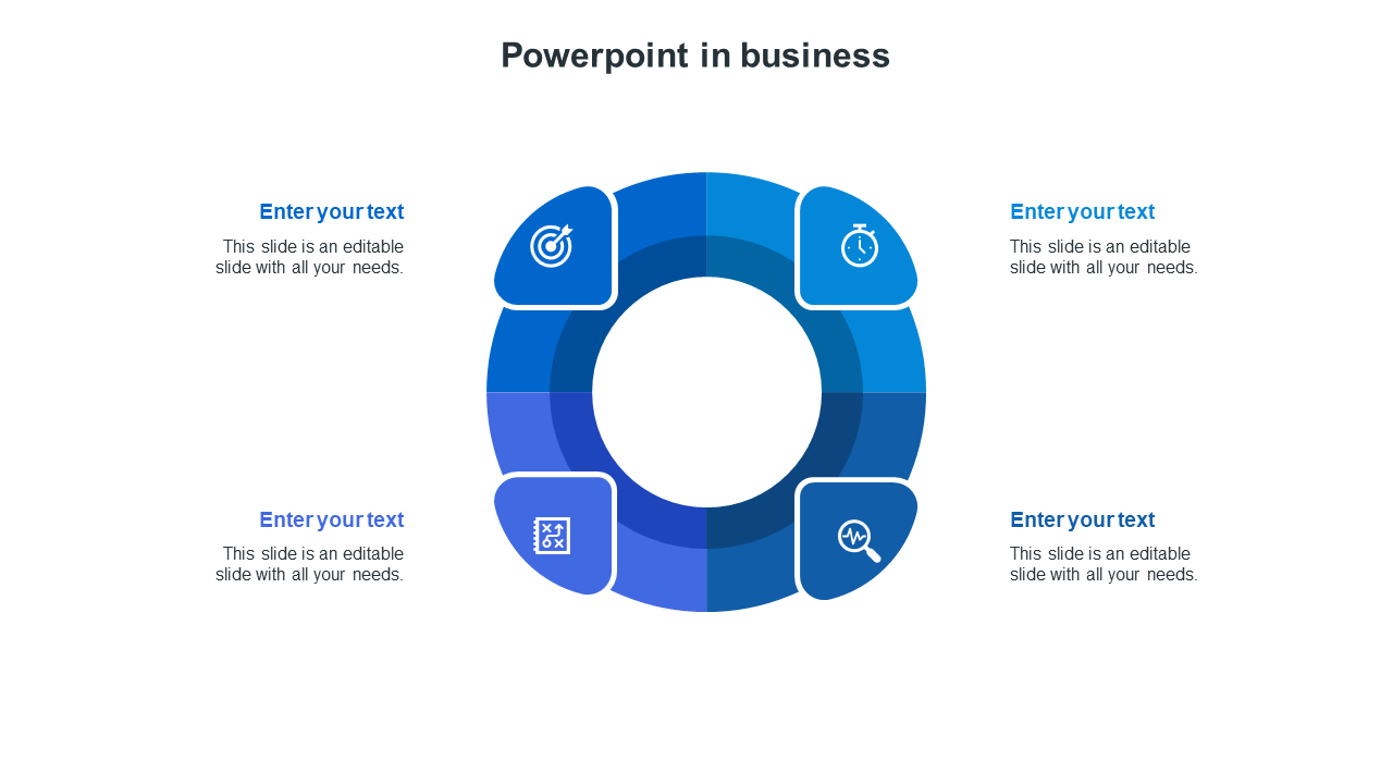 Blue circle with four connected segments, each containing an icon, surrounded by text areas.