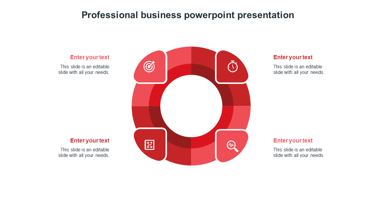 Red circular business infographic PPT slide with four sections and strategic icons with placeholder text on a white backdrop.