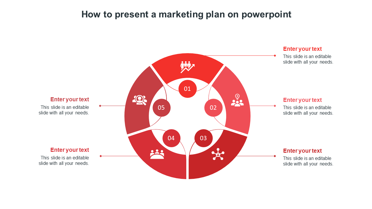 Red circular infographic PowerPoint template illustrating five key steps in a marketing plan with icons and placeholder text.