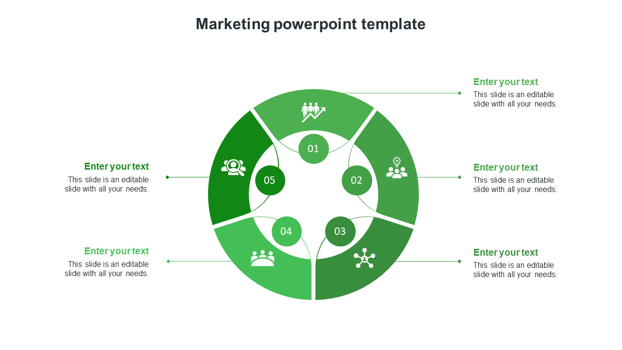 Green circular infographic PPT template illustrating five key steps in a marketing plan with icons and placeholder text.