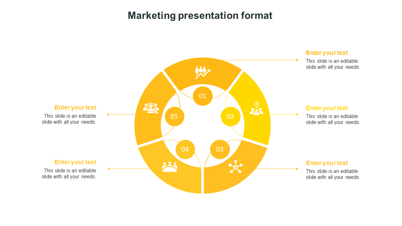 Marketing presentation slide format with five sections for text and icons, arranged in a yellow circular layout.