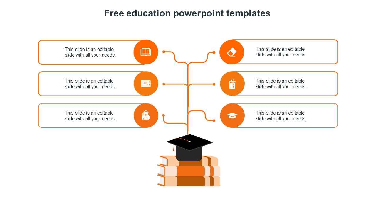 Six orange blocks with icons linked by lines to a central graduation cap above stacked books representing educational themes.