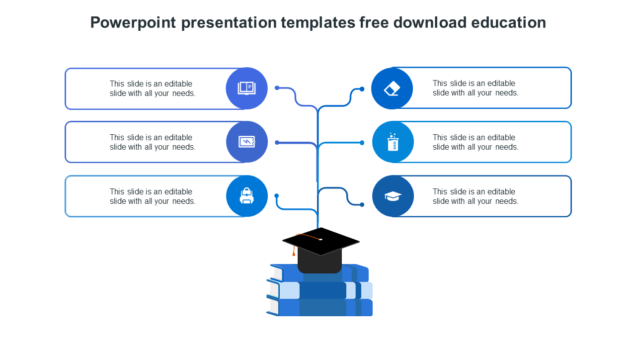 Six education-related icons, including a book and lab beaker, connected by lines to a central graduation cap on books.