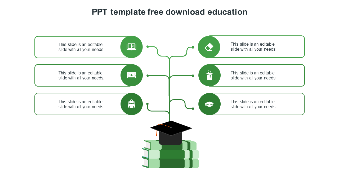 Education themed PPT slide with a knowledge tree diagram and academic green icons with placeholder text on a white backdrop.