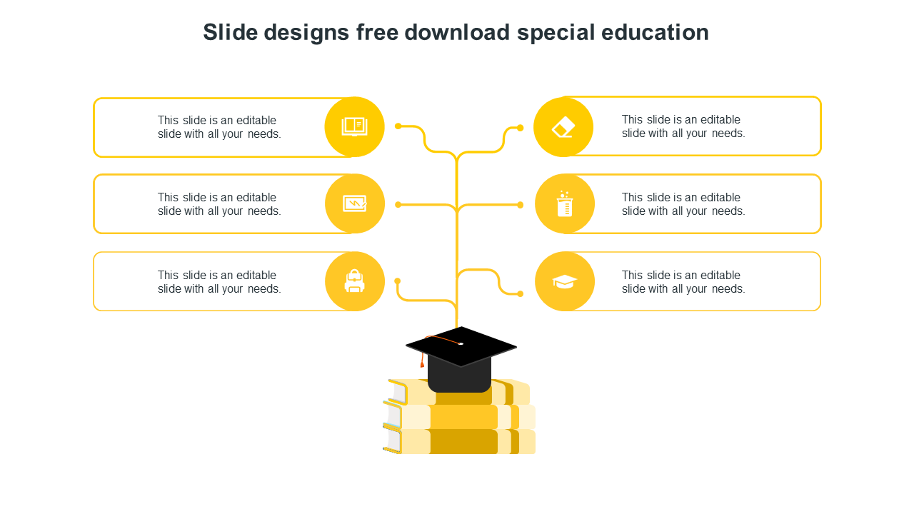 Special education slide with book and graduation cap connected with icons and placeholder text on a yellow theme.