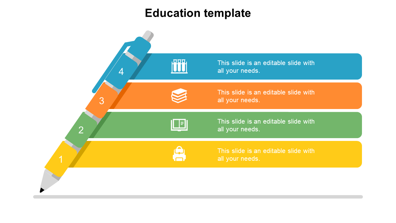 Education PowerPoint template with a pen graphic on the left and four horizontal colored sections for text.