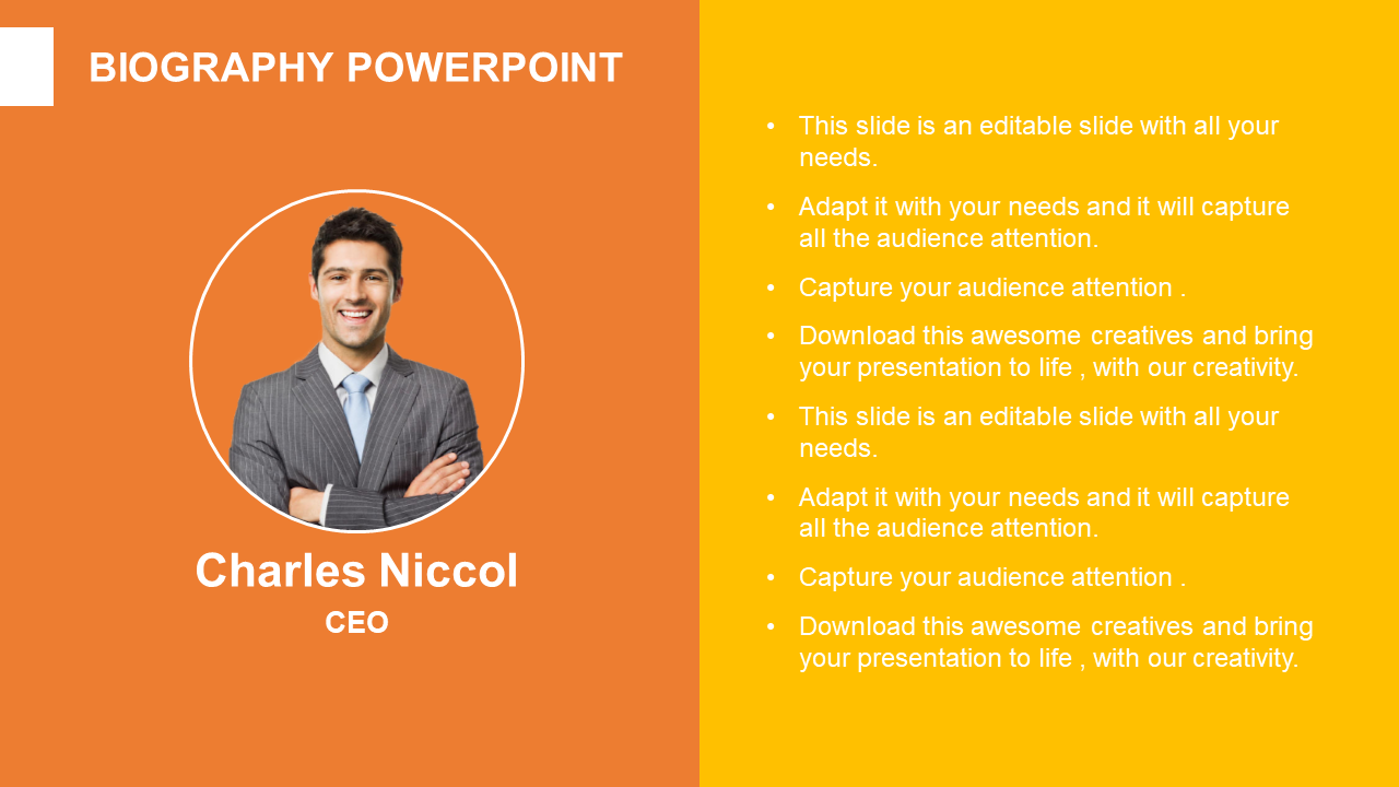 Biography slide with a CEO's photograph and a list of text points on an orange and yellow split background.