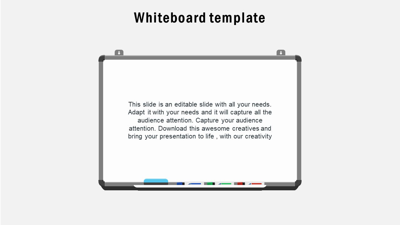 Blank whiteboard template with placeholder text areas and colored markers at the bottom for custom content and markers at the base.