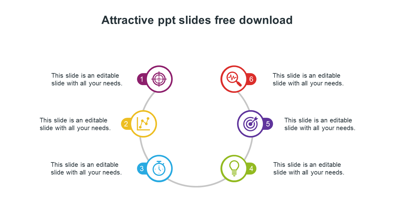 Circular infographic with six colorful icons representing stages or steps in a process surrounded with caption areas.