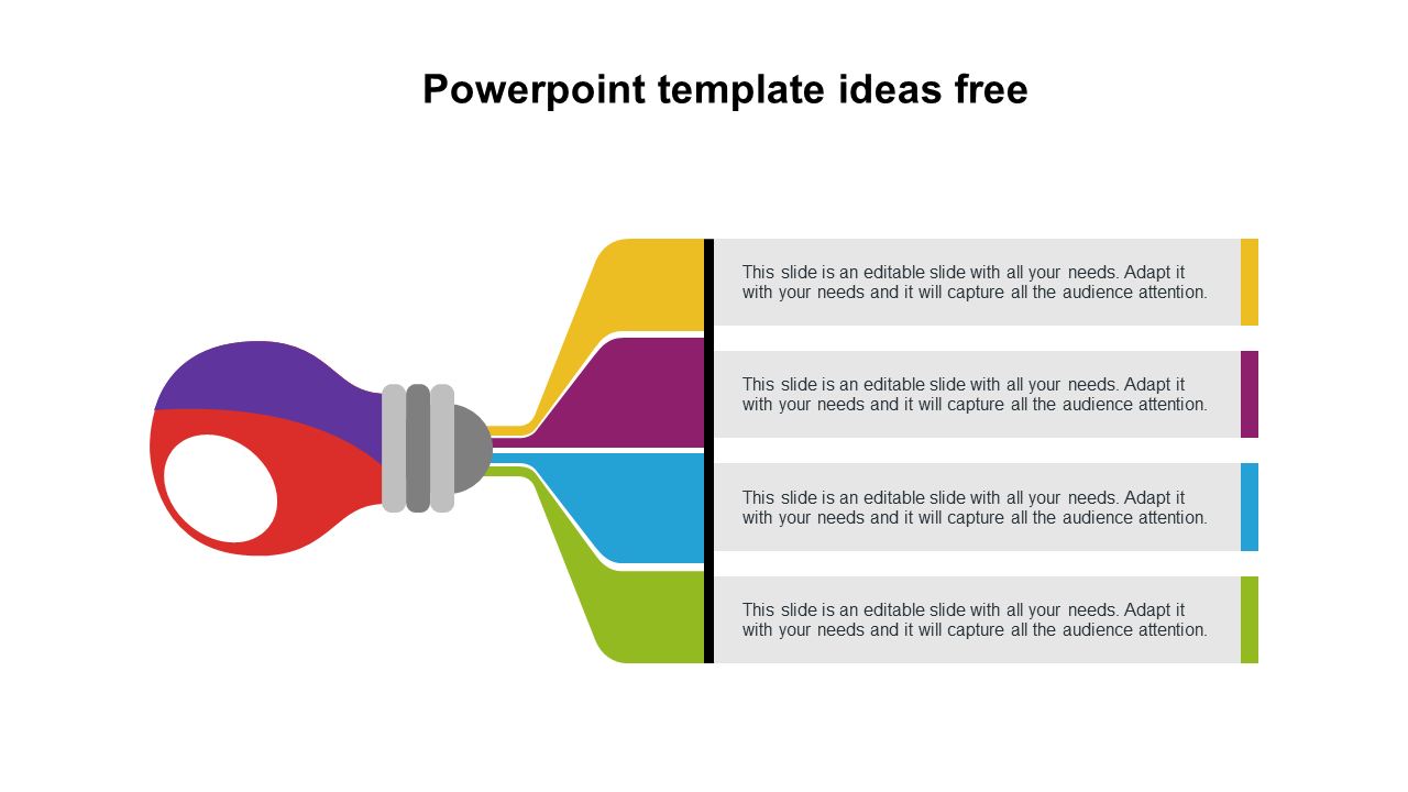 Illustration of a colorful light bulb with segments in yellow, purple, blue, and green, connected to four text sections.