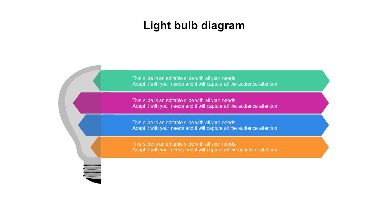 A light bulb infographic slide with four colorful horizontal segments for step by step information with placeholder text.