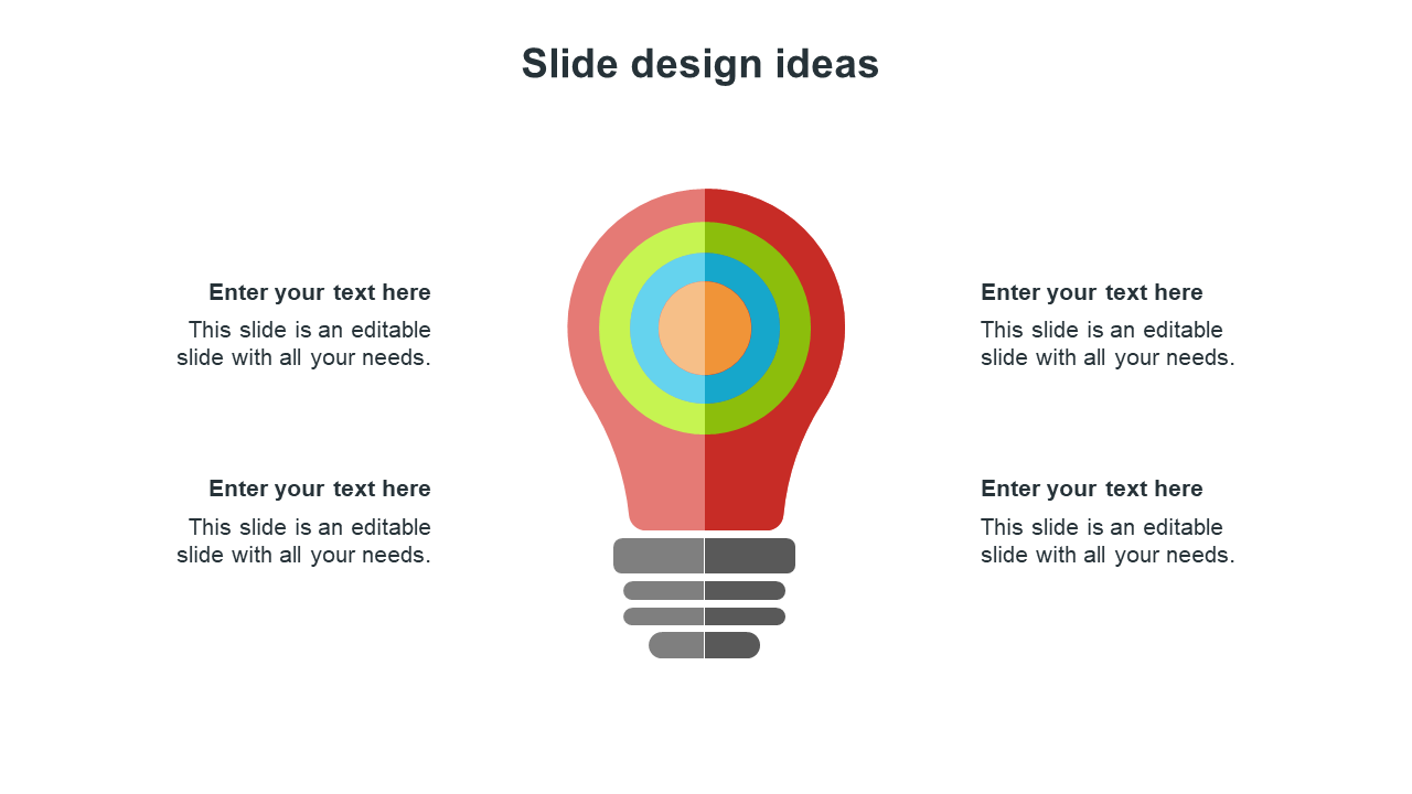 A colorful light bulb infographic PPT slide with segmented rings, surrounded by four text placeholders on a white backdrop.