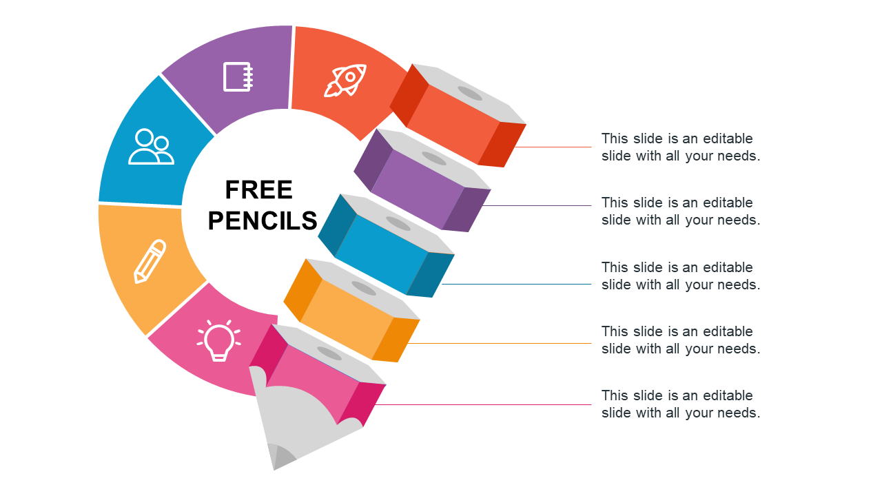 Colorful pencil infographic slide with segmented erasers, representing different topics in a circular layout with icons.