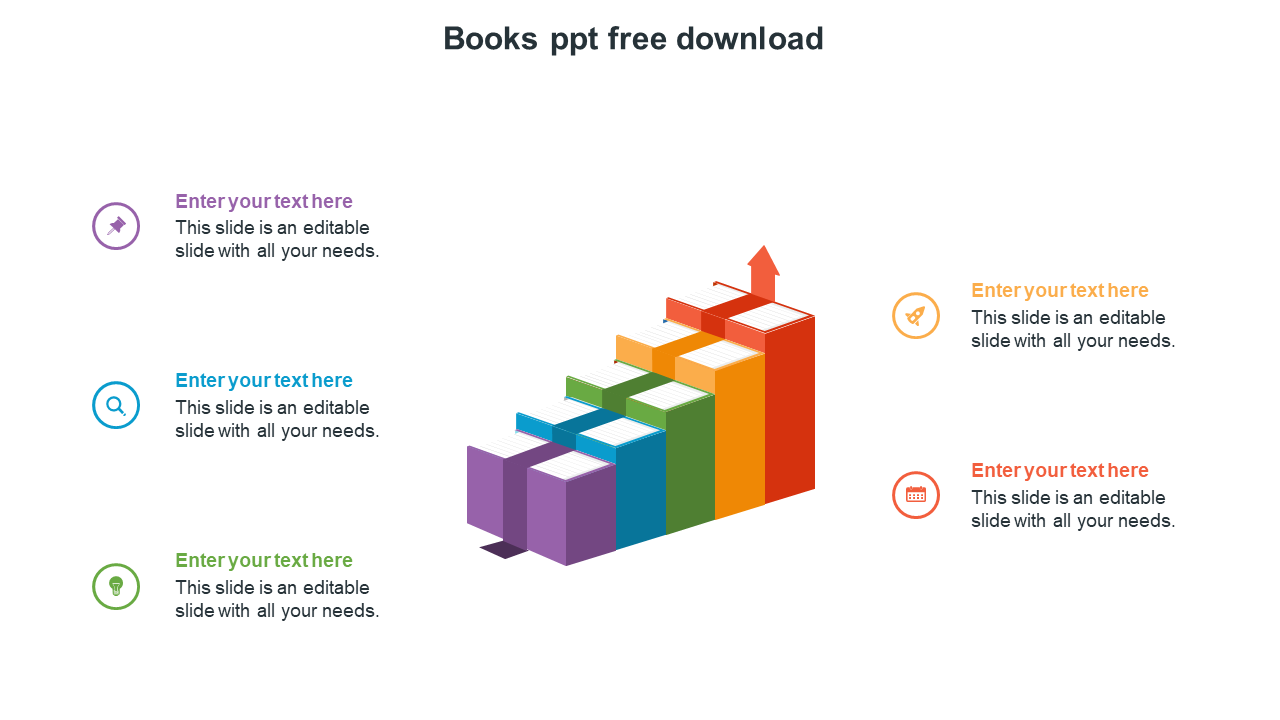 Stacked colorful books forming a staircase with an upward arrow, surrounded by five text areas on each side.