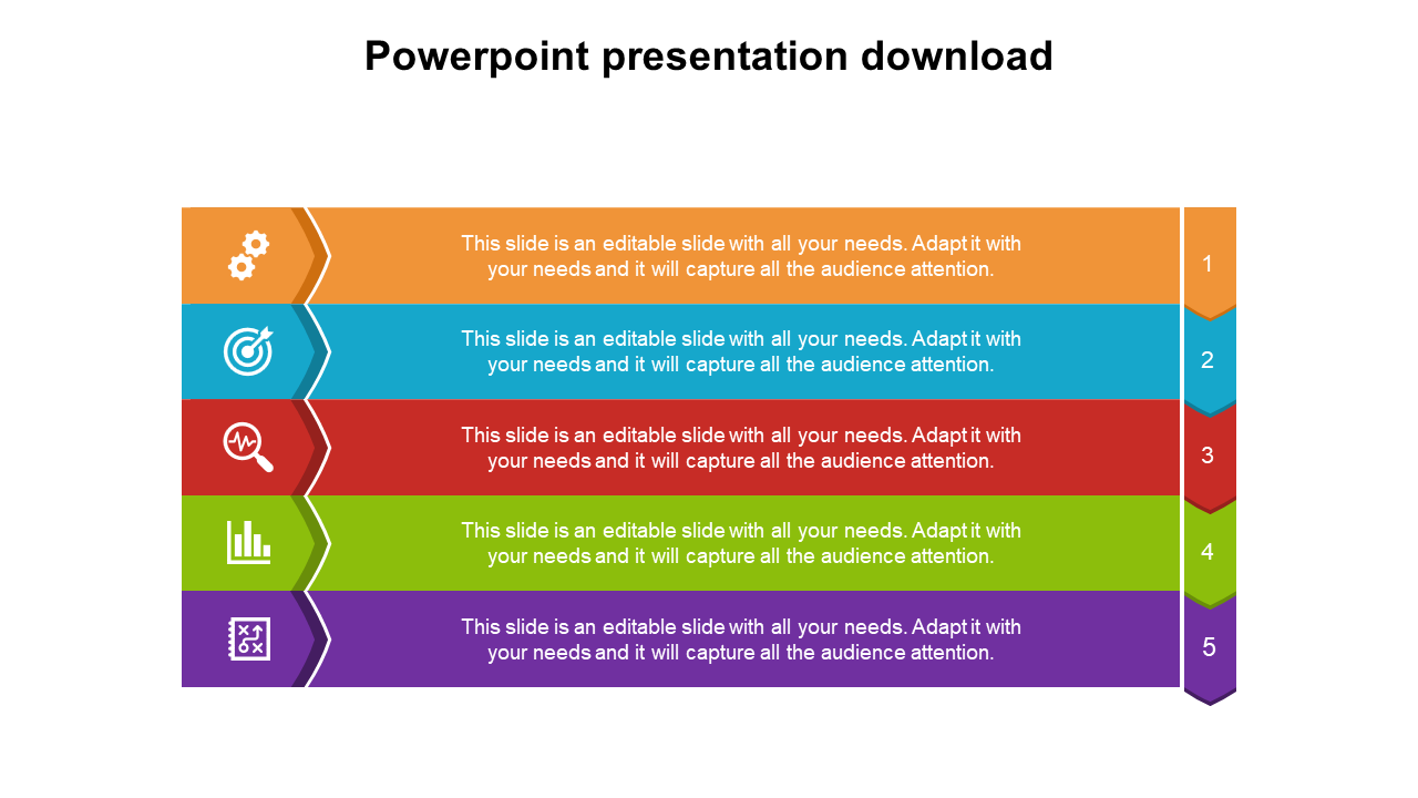 Colorful five step infographic PPT slide with icons and numbered sections with placeholder text on a white backdrop.