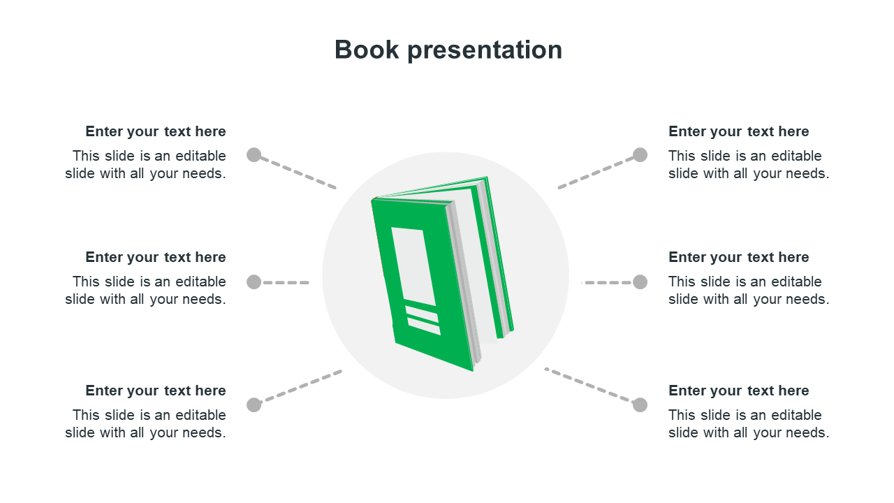 A PowerPoint slide for a book presentation with a central book image and text sections surrounding it.