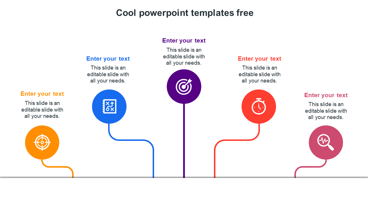 A cool and colorful slide featuring sections for text and vibrant icons representing different themes.