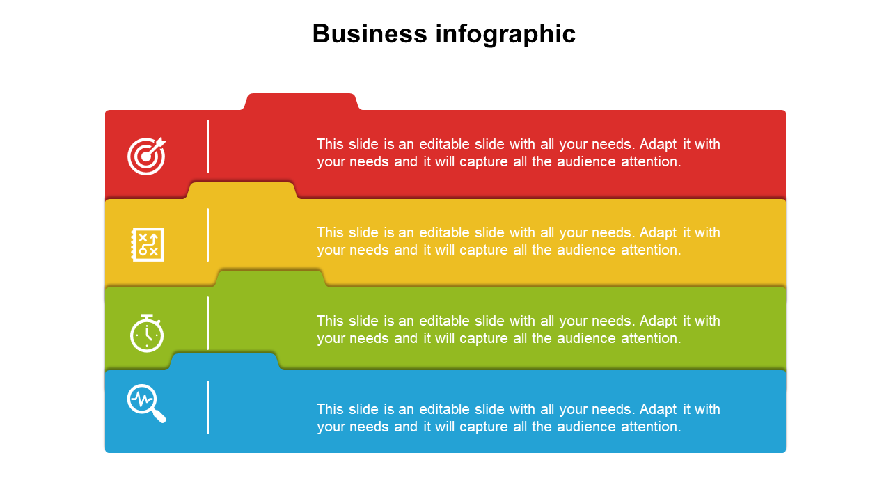 Stacked multicolored infographic with red, yellow, green, and blue layers, each featuring an icon and text.